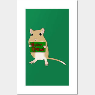 Cute golden gerbil says merry Christmas Posters and Art